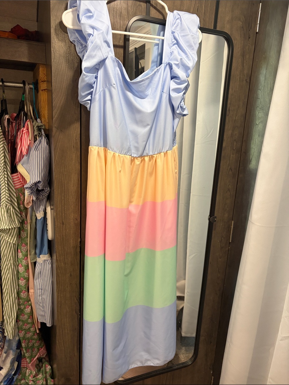Women’s Pastel Colorblock Ruffle-Sleeve Maxi Dress - Light Blue/Pink/Yellow/Gree